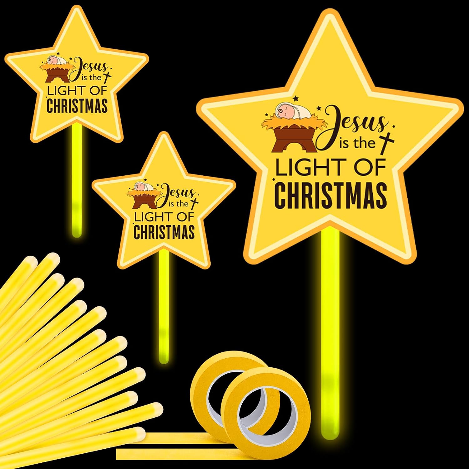 Realspring 24 Set Jesus the Light of Christmas Gifts, Include 24 Pcs 0.4x7.8 in Yellow Glow Sticks, 24 Pcs Jesus Is the Light of Christmas Cards with 2 Washi Tapes for Church Christian Religious Gift