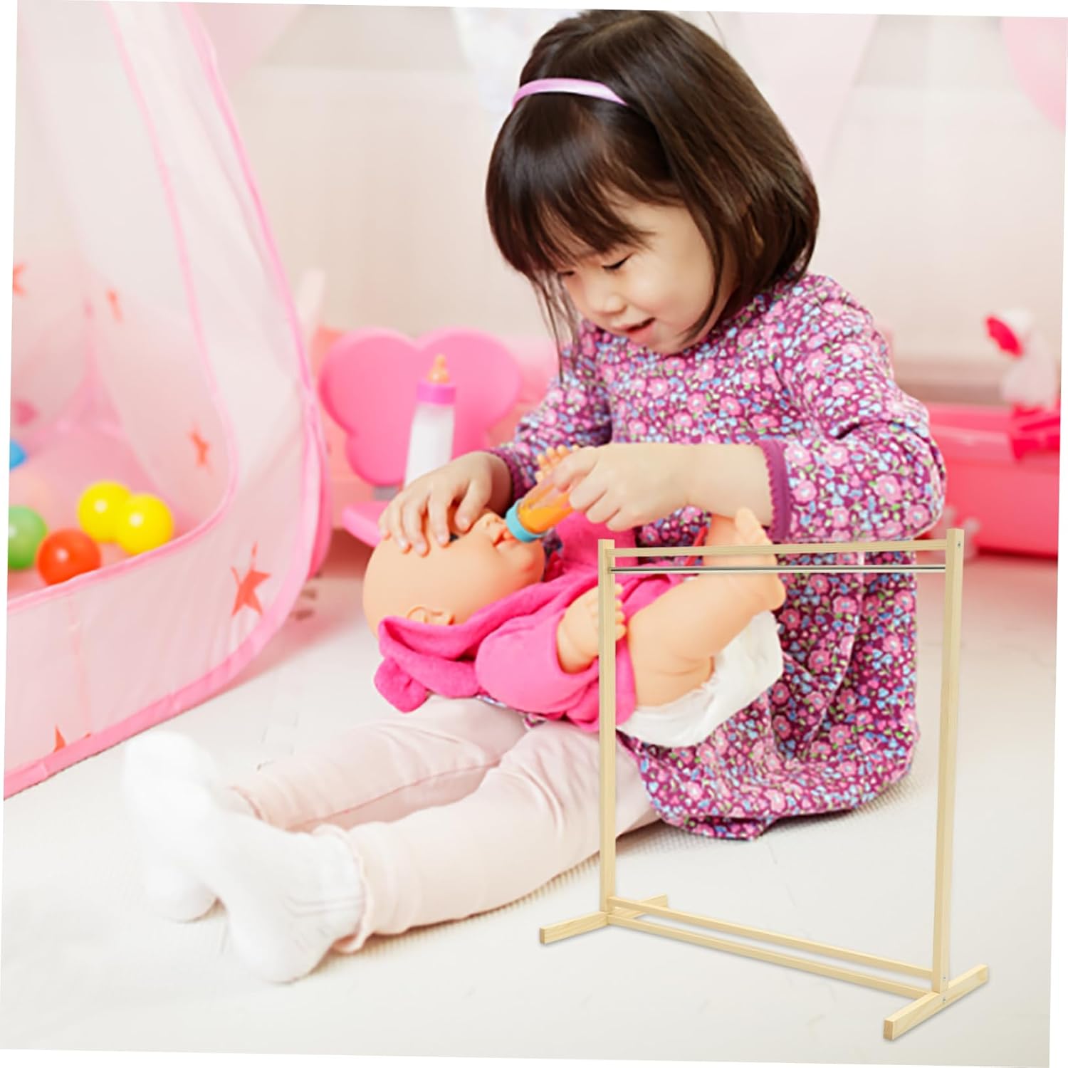 Kisangel 1set Fine Polished Wooden Doll Garment Holder Clothes Hanger Dress Hanging Rack for Dolls