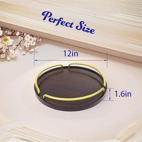 Miniatura 3 de LESUTI Bandeja decorativa, bandeja redonda de madera de 12 pulgadas para decoración del hogar, bandejas organizadoras de madera de acacia (marrón
