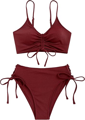 ZAFUL Conjunto de bikini con cuello en V para mujer, fruncido con lazo frontal, cintura alta, estampado floral, acanalado, traje de baño de 2 piezas