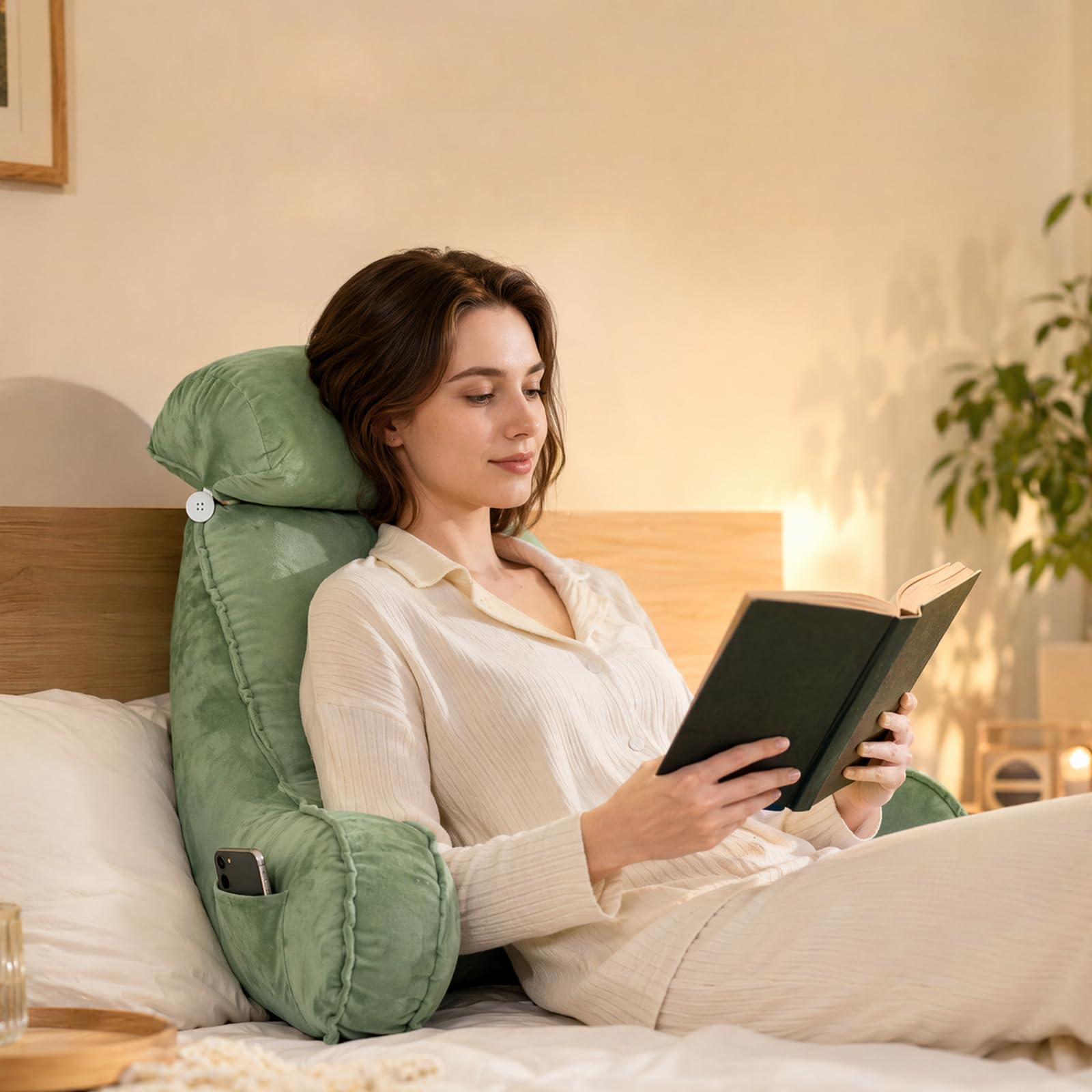 FARYODI Bardzo duża poduszka do czytania ze zdejmowanym pokrowcem, wypełniona włóknem kanalikowym, ergonomiczna poduszka podpierająca plecy do łóżka/sofy, dla dorosłych i dzieci (zielona)