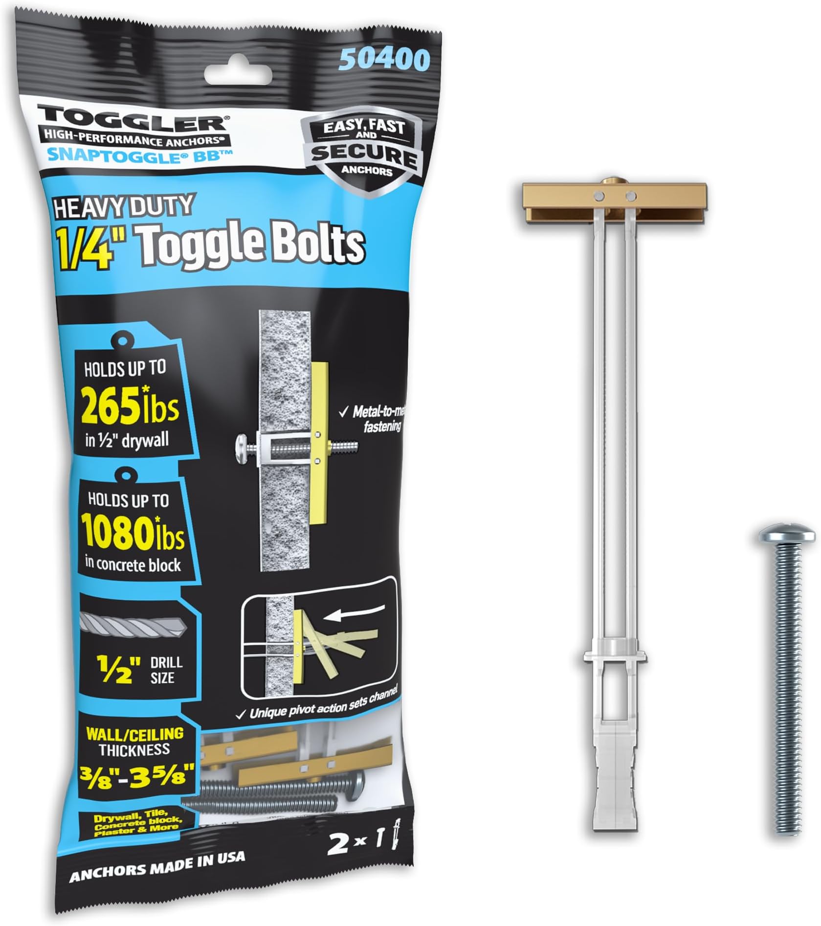 SNAPTOGGLE BB Toggle Anchor with Bolts, Zinc-Plated Steel Channel, Made in US, 3/8" to 3-5/8" Grip Range, for 1/4"-20 UNC Fastener Size (Pack of 2)