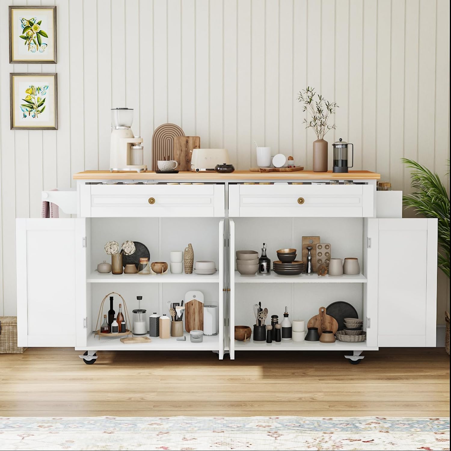Kitchen Island Cart with Wood Top and Drop Leaf, Rolling Kitchen Island Table on Wheels with Drawer, Storage Cabinet, Spice Rack and Towel Rack for Dining Room, White