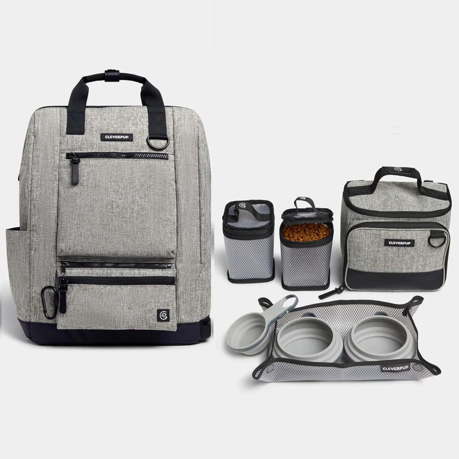 Cleverpup Ultimate Dog Travel Bundle Small 7-Piece Bistro Box Dog Food Travel Kit & Porter Dog Gear Backpack in Heather Grey