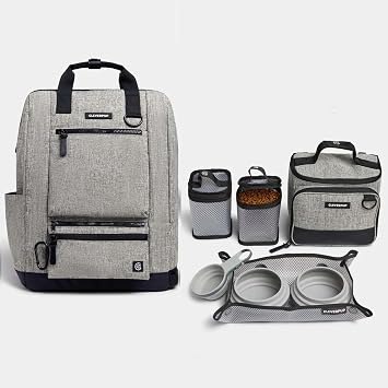 Cleverpup Ultimate Dog Travel Bundle Small 7-Piece Bistro Box Dog Food Travel Kit & Porter Dog Gear Backpack in Heather Grey