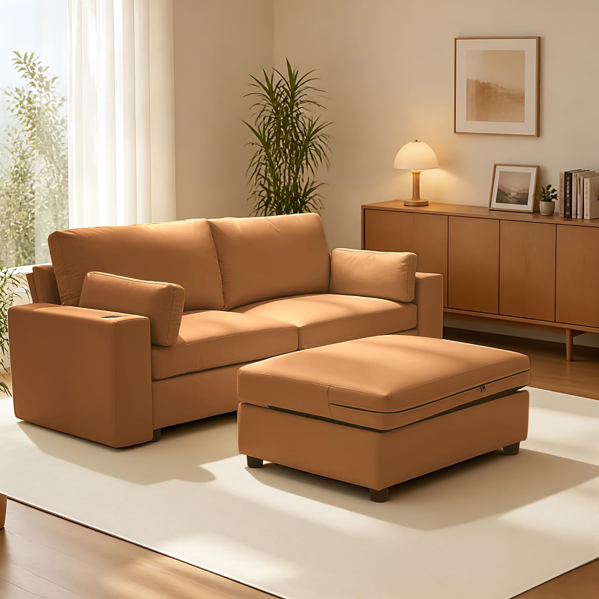 VYUXWO 78 inch brown oversized leather sectional loveseat with storage ottoman