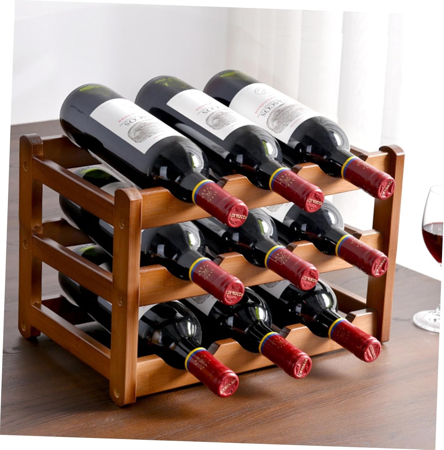 Solid Wood Wine Rack Stand with Smooth Finish for Home Wine Storage and Display Design Holding Nine Bottles for Kitchen Countertop Living Organization