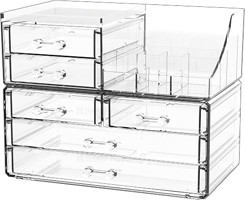Cq acrylic Makeup Organizer for Vanity,Large Clear Skin Care Beauty Skincare Product Bathroom Organizers and Storage for Vanity Dresser Plastic Stackable Storage Containers With 6 Drawers,Set of 2
