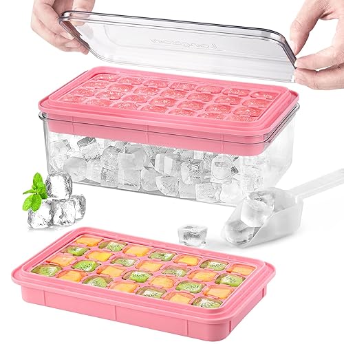Mini Ice Cube Tray with Lid and Bin, 56 Pcs Ice Cube Trays for Freezer, Ice Cube Mold, Ice Molds Spill-Resistant Removable Lid & Ice Scoop, Ice Mold for Whiskey Cocktail, Tea, Coffee -Pink - Pink