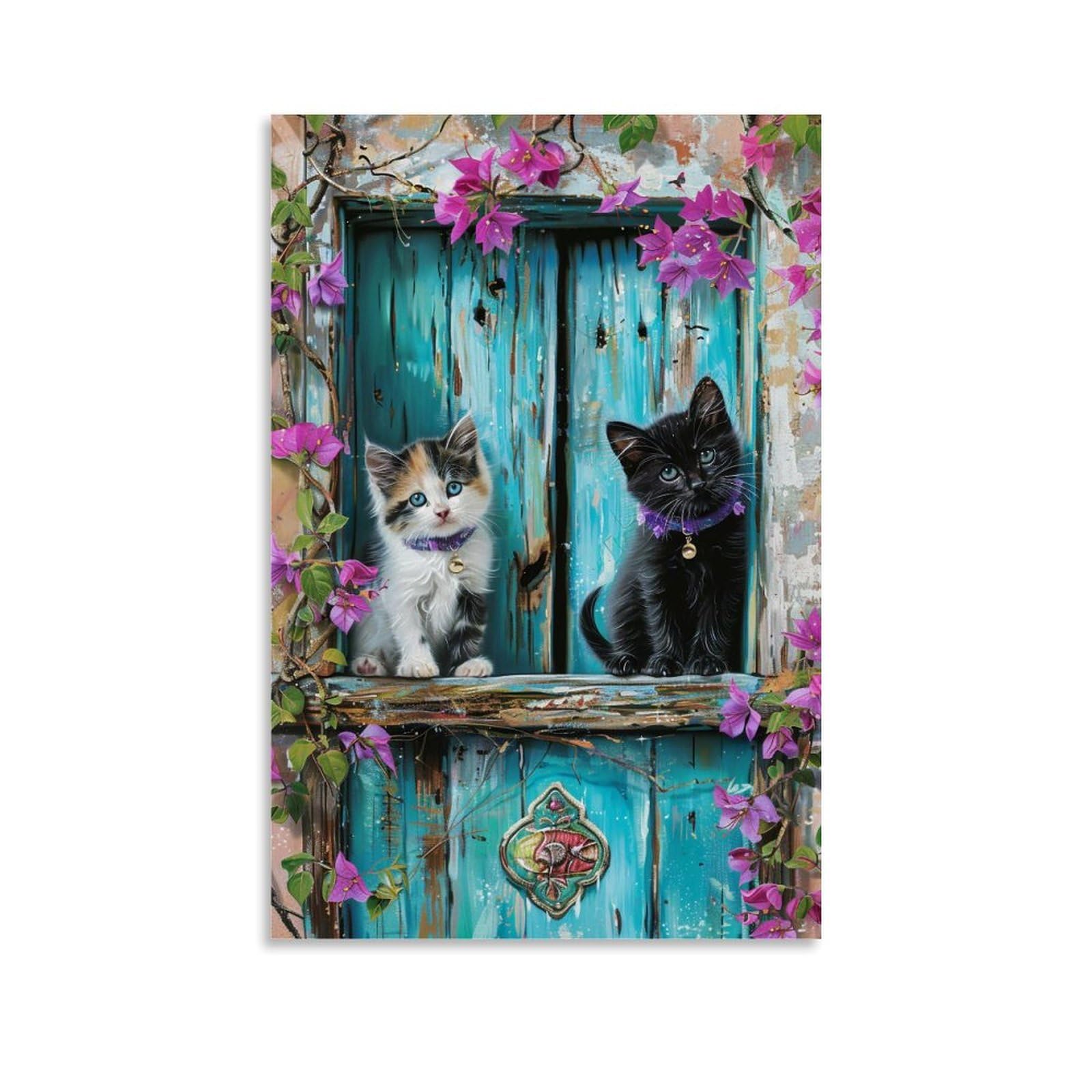 HUERYRYHY Turquoise Mediterranean Cats 01 Poster Wall Art Canvas Vintage Aesthetic Painting Decor for Rooms 24x36inch Unframe-style