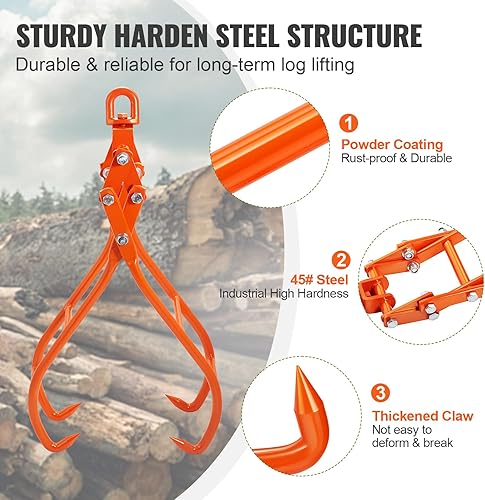 Miniatura 6 de VEVOR Gancho de garra de madera, 28 pulgadas con 4 garras para pinzas de tala, pinzas de elevación de troncos de acero giratorias, diseño de garras