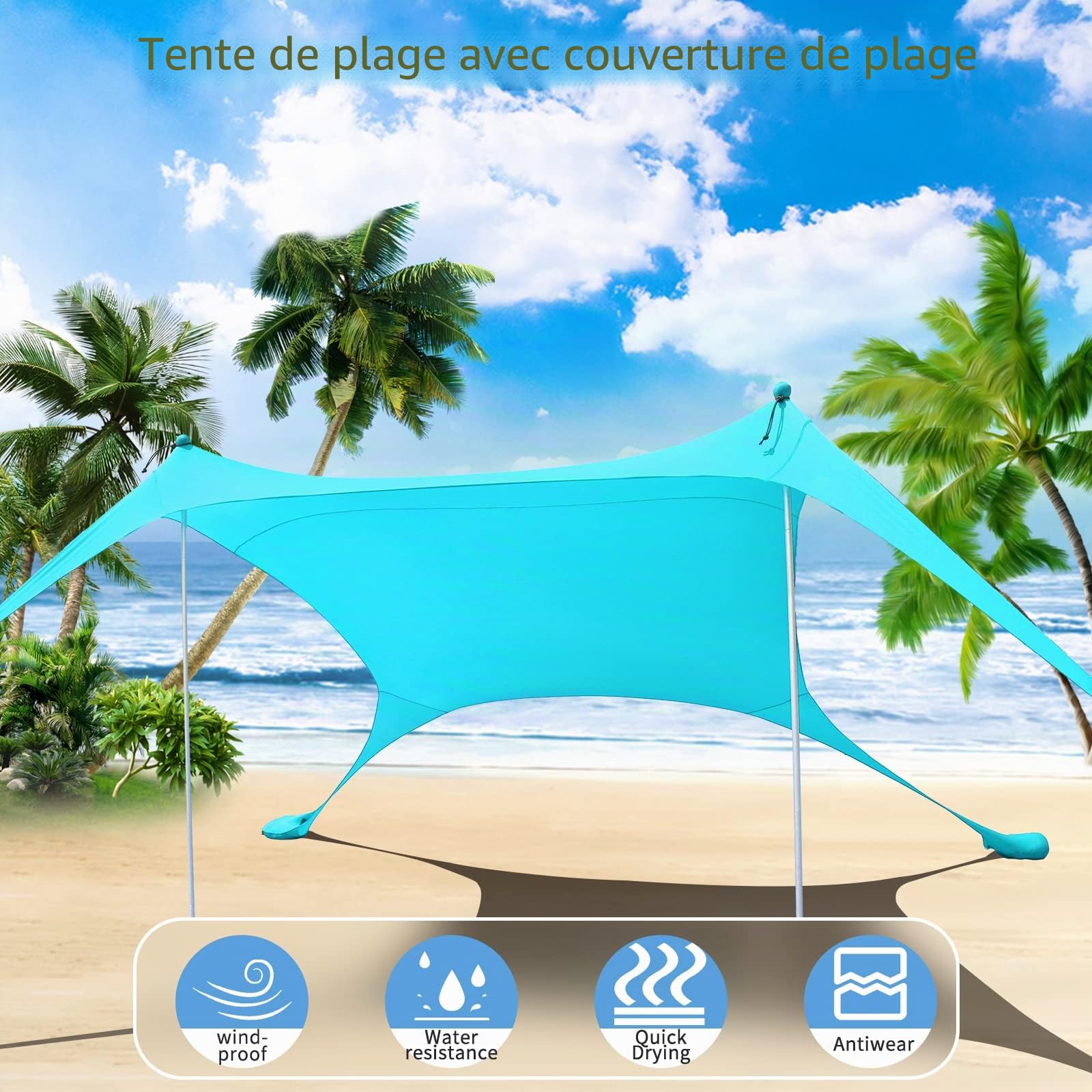 Tente de plage UV UPF50+ pare-soleil 2 poteaux camping pêche bleu