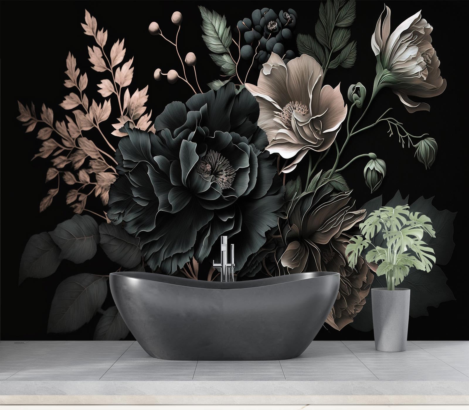 Papier peint floral fond noir habillage mural grand format pour chambre cosy