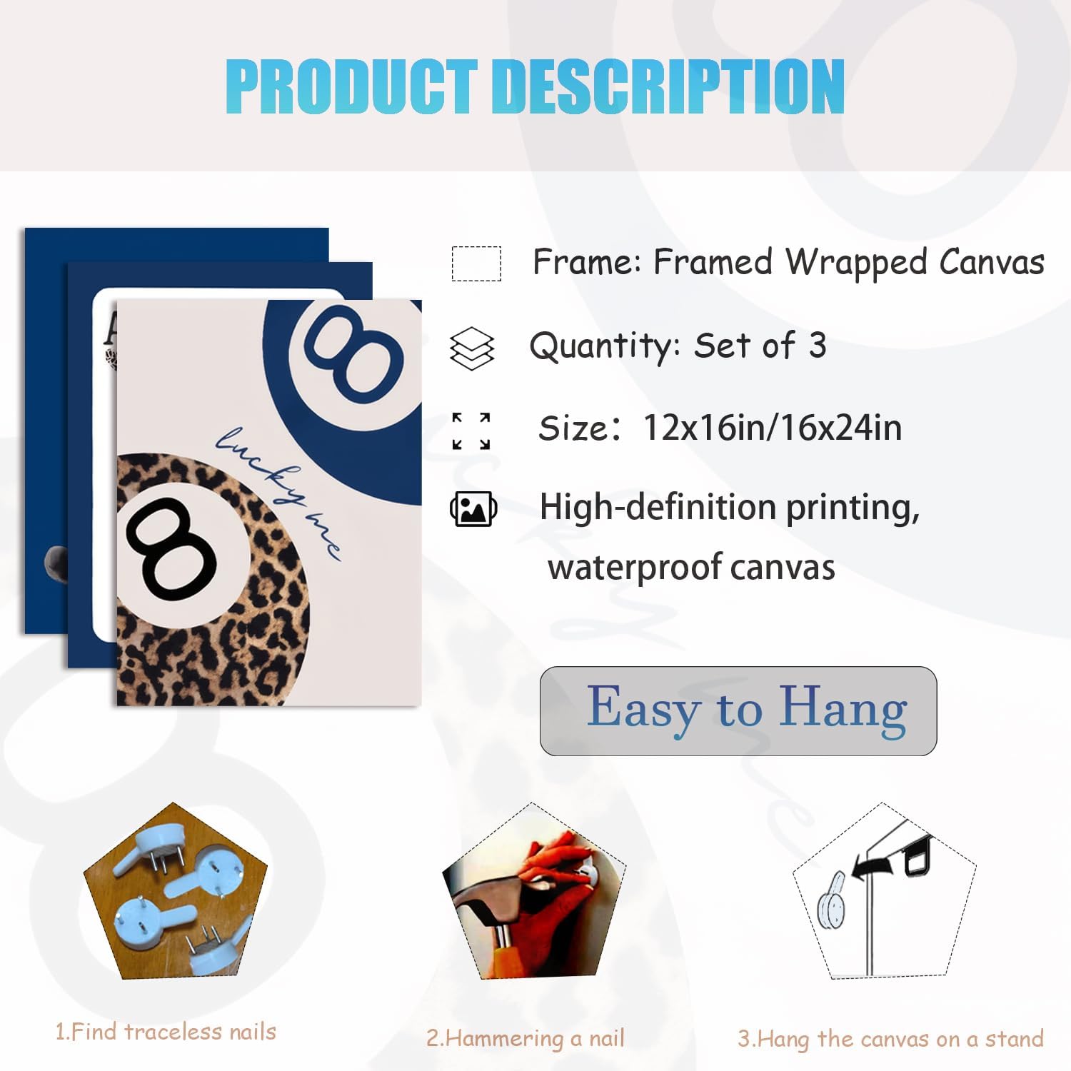 Navy Blue Leopard Canvas Wall Art Set of 3 Cheetah Animal Prints Posters Wall decor Trendy 8 Ball Lucky Me Pictures Aesthetics Artwork for Dormitory Apartment Bedroom Decoration 16x24 Inch Framed