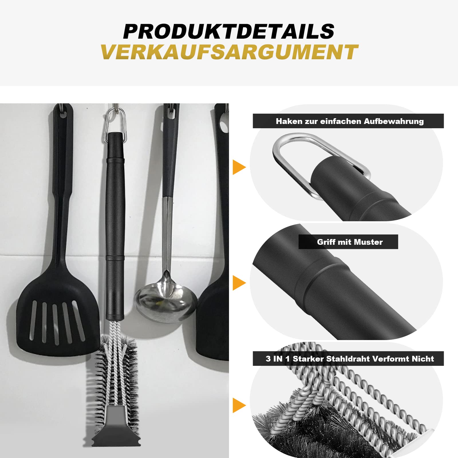 Spazzola Per Barbecue 3 In 1 QLSXLB - Con Raschietto, Manico Lungo E Setole In Acciaio Inossidabile - Foto 4