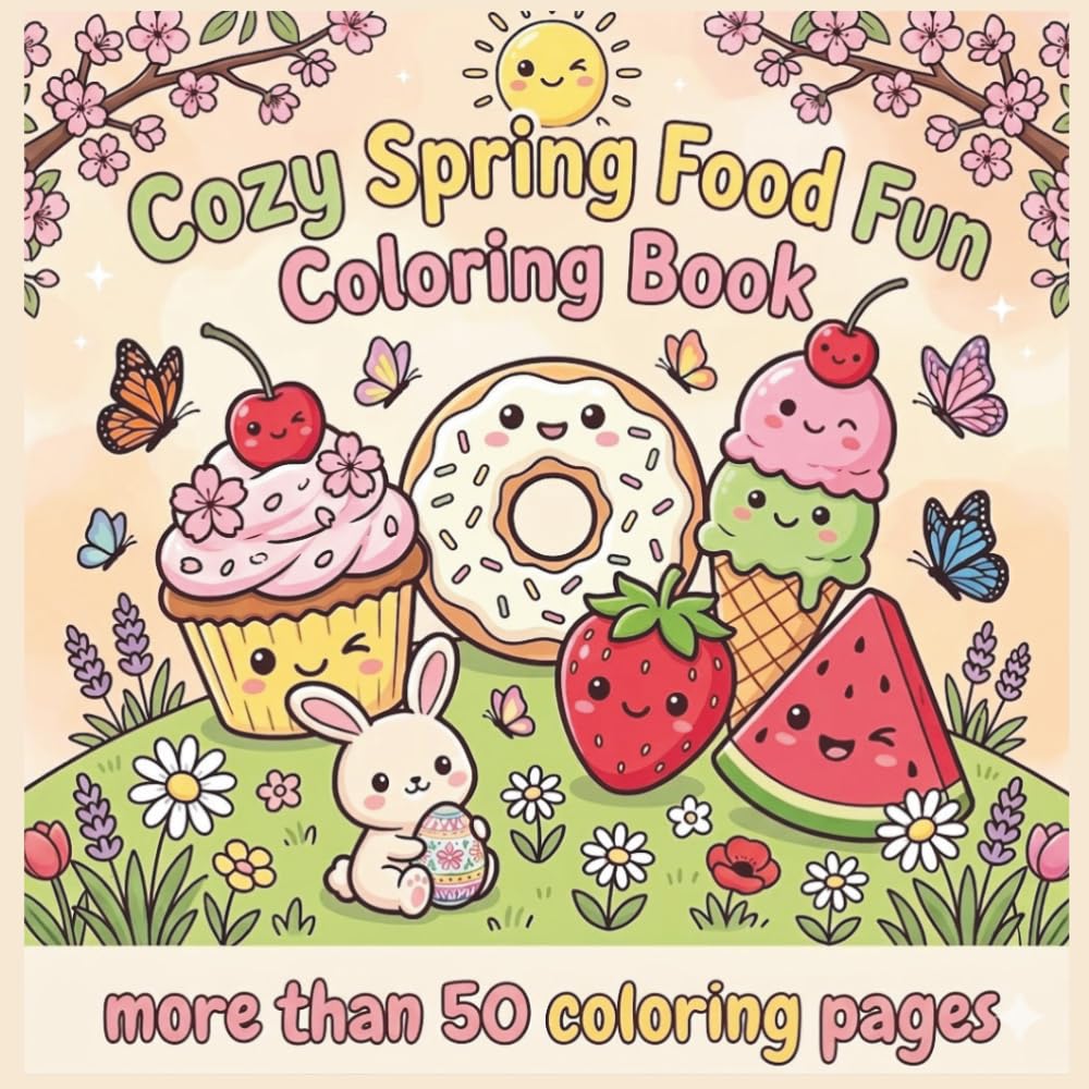 Cozy Spring Food Fun Coloring Book: 50+ Cute and Easy Designs of Sweet Treats, Fruits, Healthy Food, and Kawaii Food for Toddlers and Children