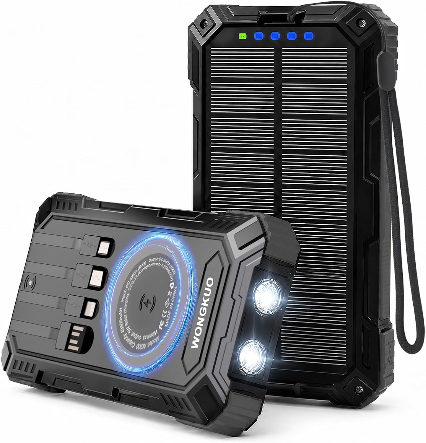 Solar Charger Power Bank - 49800mAh Solar Phone Charger with USB-C in/Output, QC 3.0 Fast Charging with LED Flashlight, Built-in 4 Cables, IP65 Waterproof Fits for Outdoor (Black)