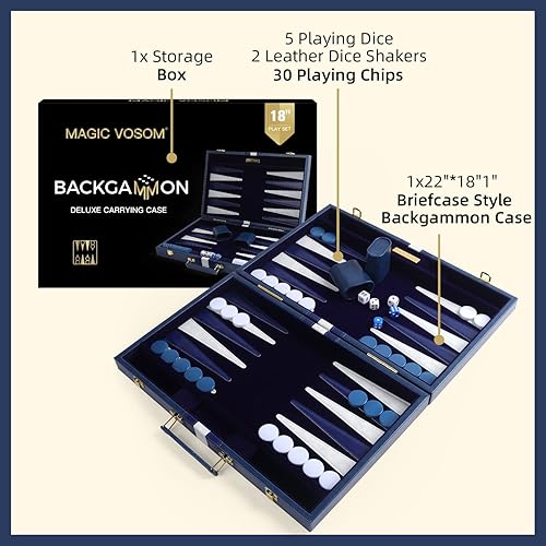 Miniatura 3 de Juego de mesa clásico de Backgammon azul de 18 pulgadas con funda de cuero de primera calidad, juego de backgammon de estrategia de viaje portátil