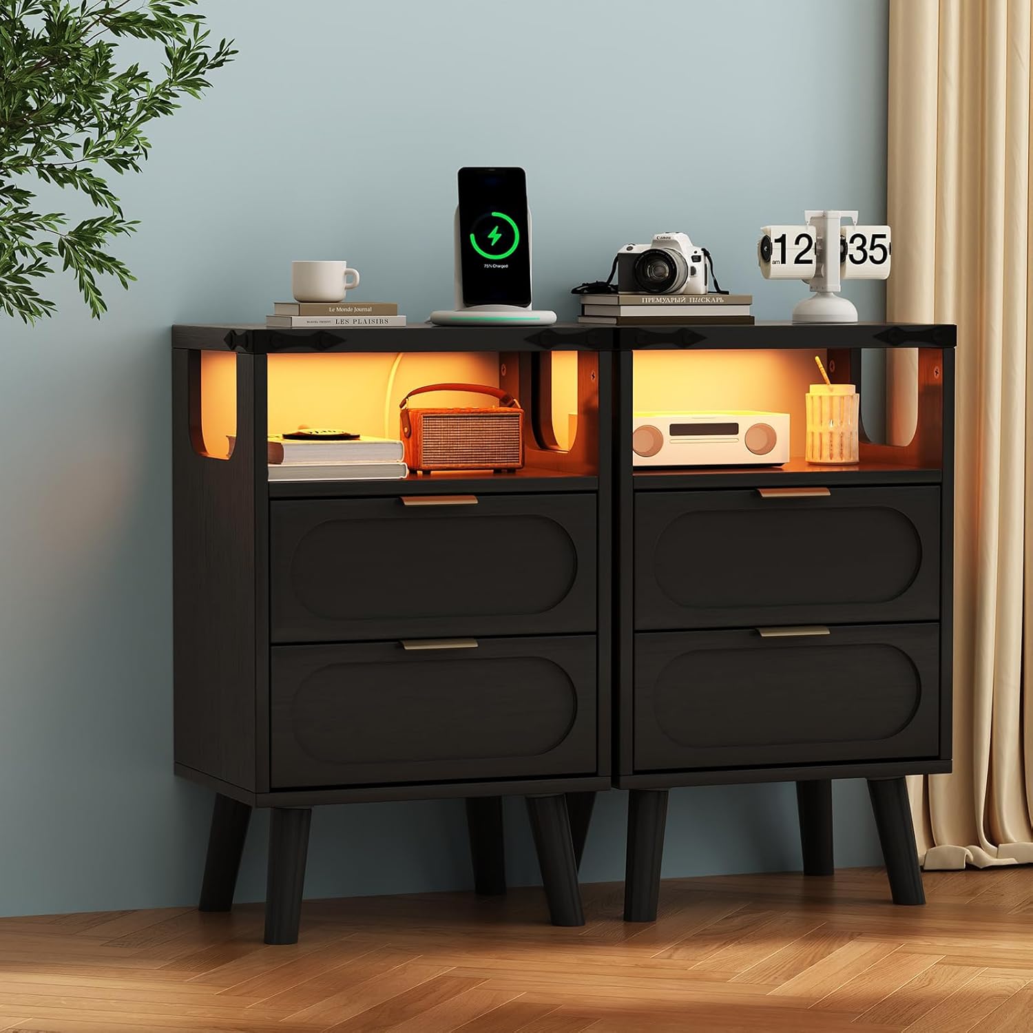 2pcs Nightstand with Charging Station, Mordern Chest 2 Drawers Beside Table with Open Storage Shelf, Night Stand with Led Light, End Table for Bedroom, Living Room,Office, Black