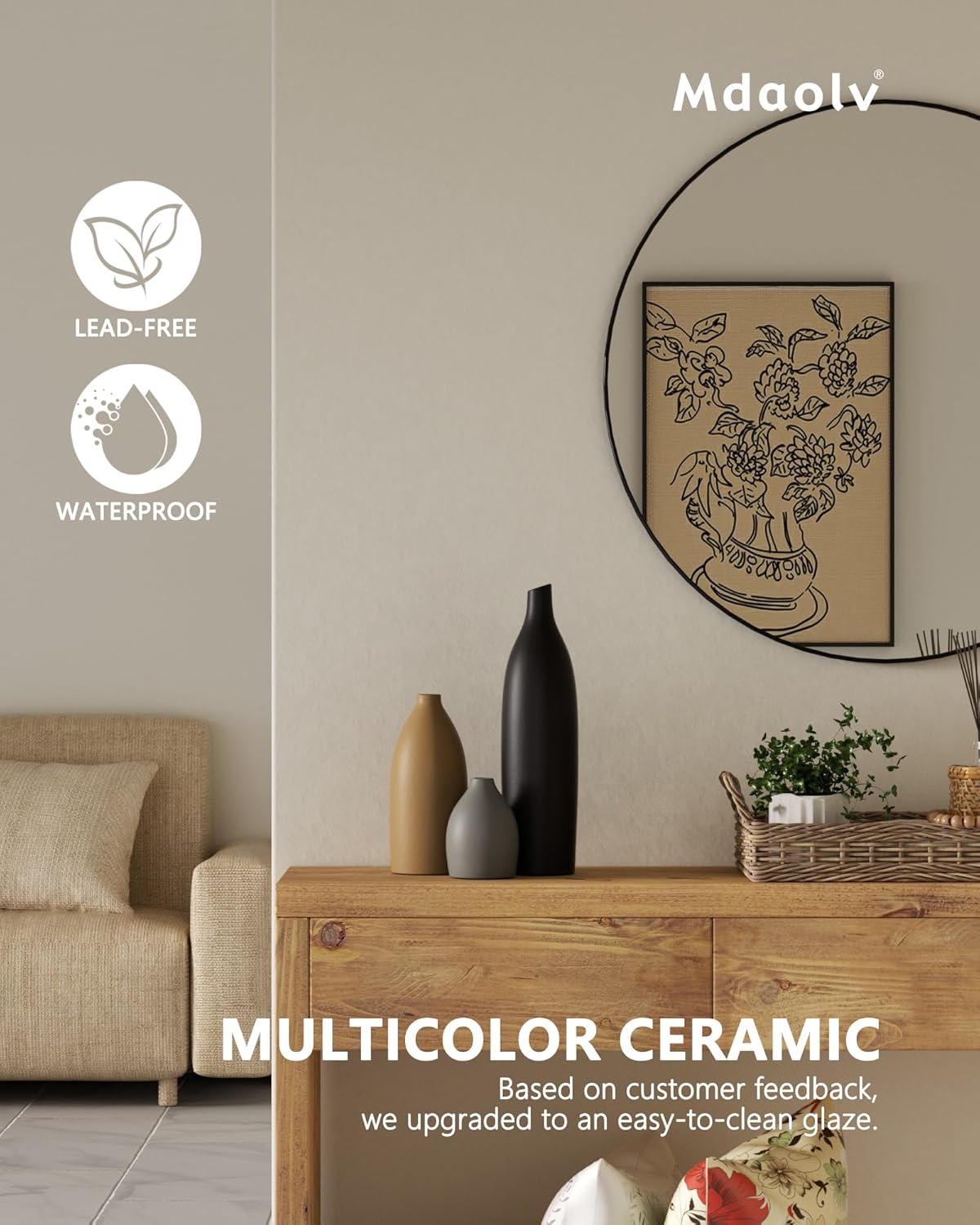 Decorative Flower Vase Set, Rustic Modern Farmhouse Style, Ceramic Vases for Home Decor, Kitchen Island Shelf Shelves Bookshelf Mantle Fireplace Tv Console Entryway Table Decor (Multicolor)