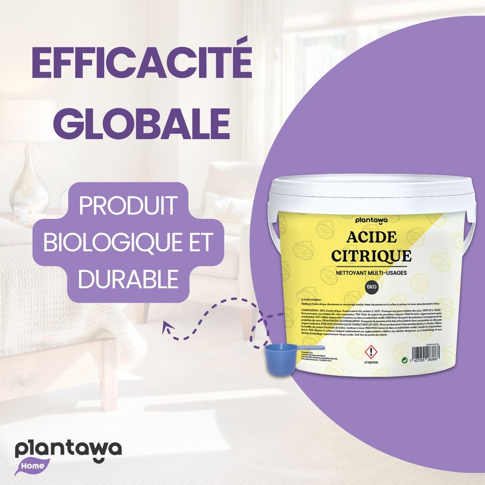 PLANTAWA Acide Citrique Powder 6kg | Acide citrique poudre menager pour la cuisine, la salle de bain et le jardin | 100% pur et polyvalent. Nettoyant universel