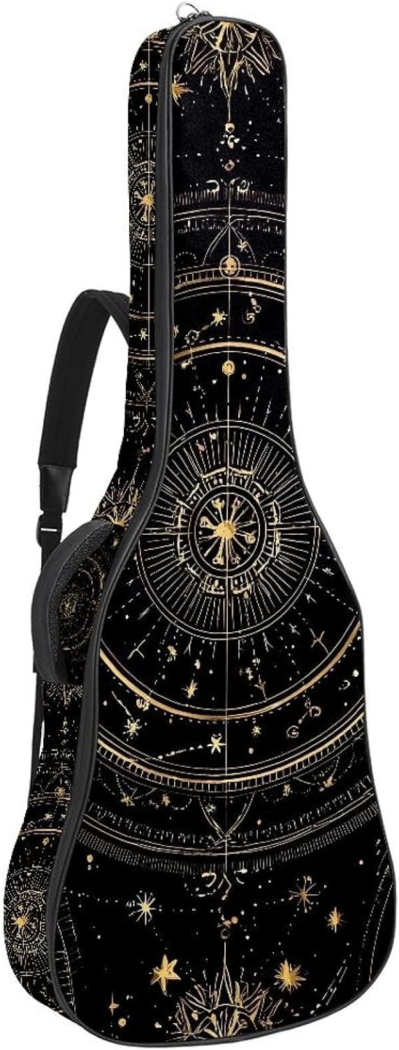 40 41 42 Inch Acoustic Guitar Bag, 0.4 In Thick Sponge Padded Guitar Case Gig Bag with Back Hanger Loop and 2 Pockets, Zodiac Astrology Gold Stars on Black Background