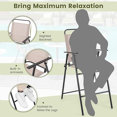 Miniatura 8 de Giantex Outdoor Folding Bar Chair Set of 2, Counter-Height Patio Chairs with Backrest, Armrests, Footrest, Metal Frame, Patio Furniture Chair Set