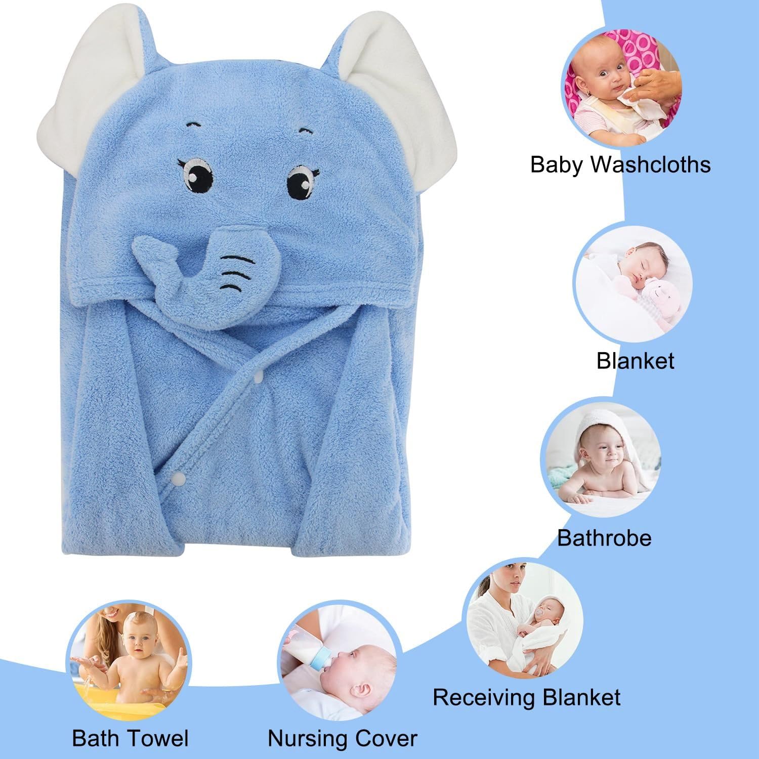 DIVYAM Fluffy Tales Elephant Kids Hooded Towel | 70x140cm, Plush Coral Fleece Poncho Bath & Beach Wrap | Multi-Use Infant to Toddler | Beach, Bath etc (Sky Blue, Age 1-7 Years) 3