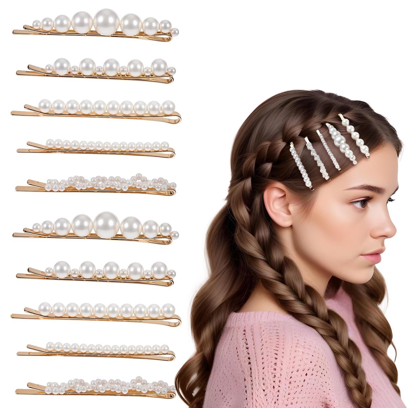 COMNICO Pearl Hair Clips, 10Pcs French Pearl Hair Pins Elegant Bobby Pins Sweet Bride Headwear Decorative Hair Barrettes Hair Accessories for Wedding Birthday Prom Party Christmas Women Girls