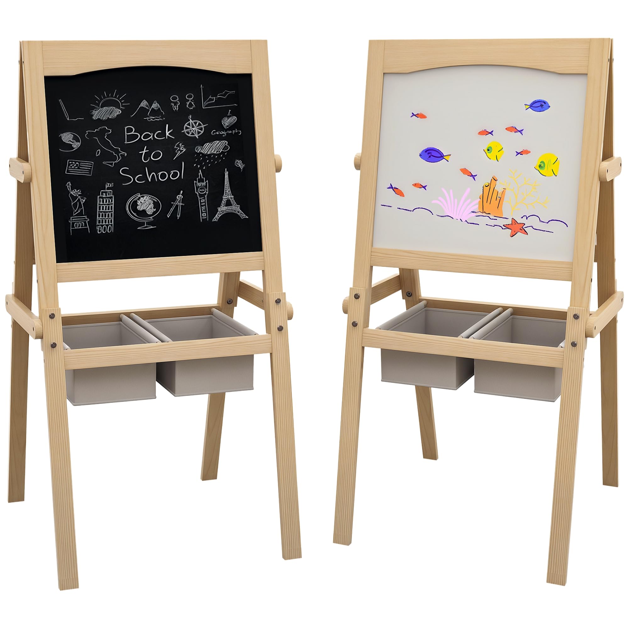 AIYAPLAY Lavagna per Bambini 3 in 1 Multiattività con Due Cestini, Cavalletto Artistico in Legno per Bambini 3-6 anni, 58x50.5x109cm