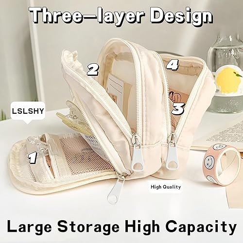 Miniatura 3 de Estuche grande de tres capas con cremallera para lápices, suministros de papelería para adolescentes, niñas, niños y estudiantes (beige)