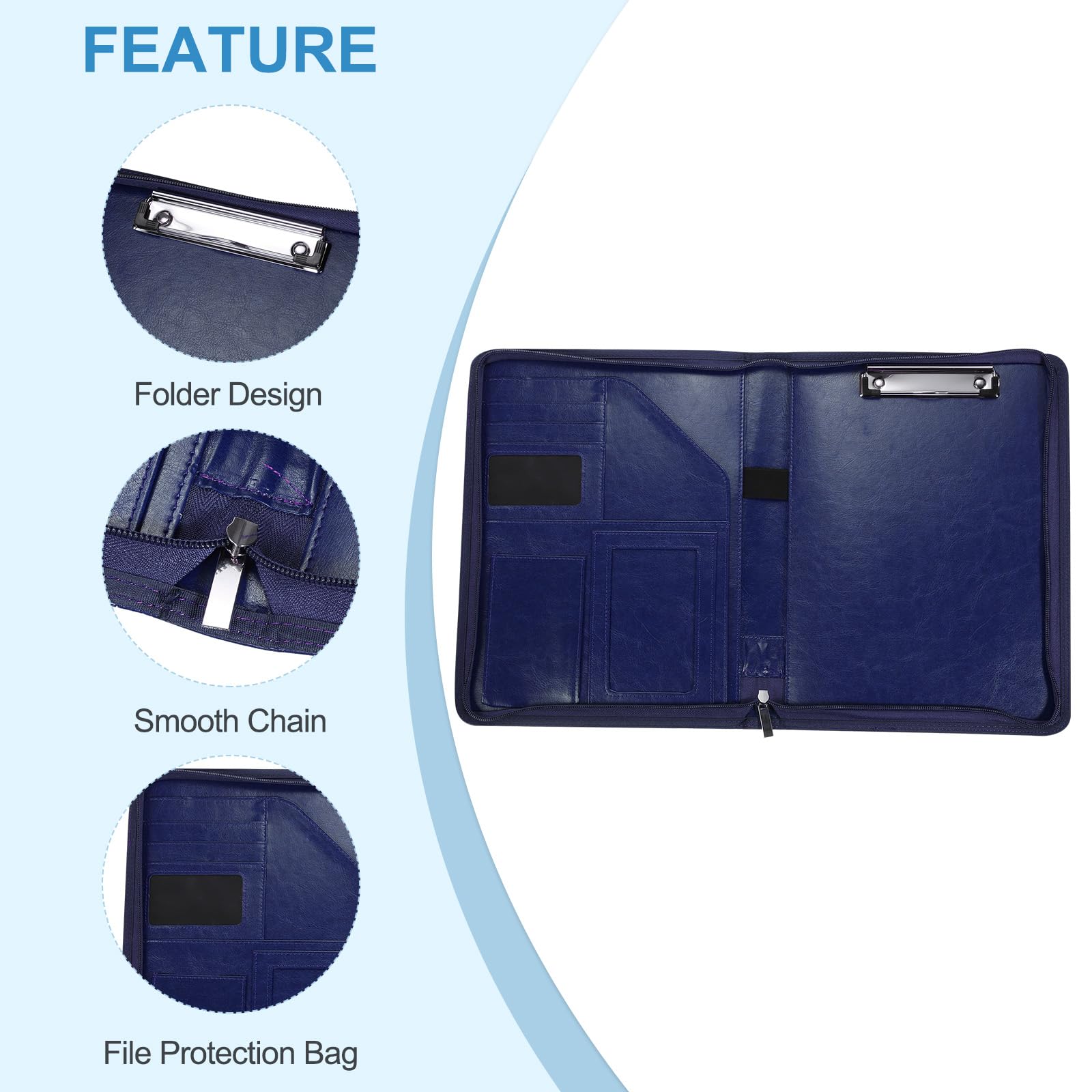 PATIKIL 13"x9.1" A4 PU Leather Clipboard, Business Padfolio Organizer Binder Resume Legal Document Folder Holder Writing Pad For Office, Navy Blue