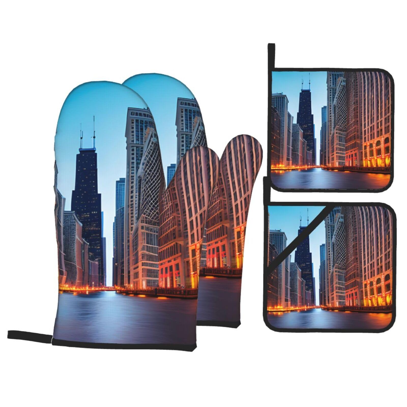 Chicago Illinois Usa Print 4-Piece Oven Microwaving Set Waterproof Kitchen Gloves for Baking Grilling Cooking