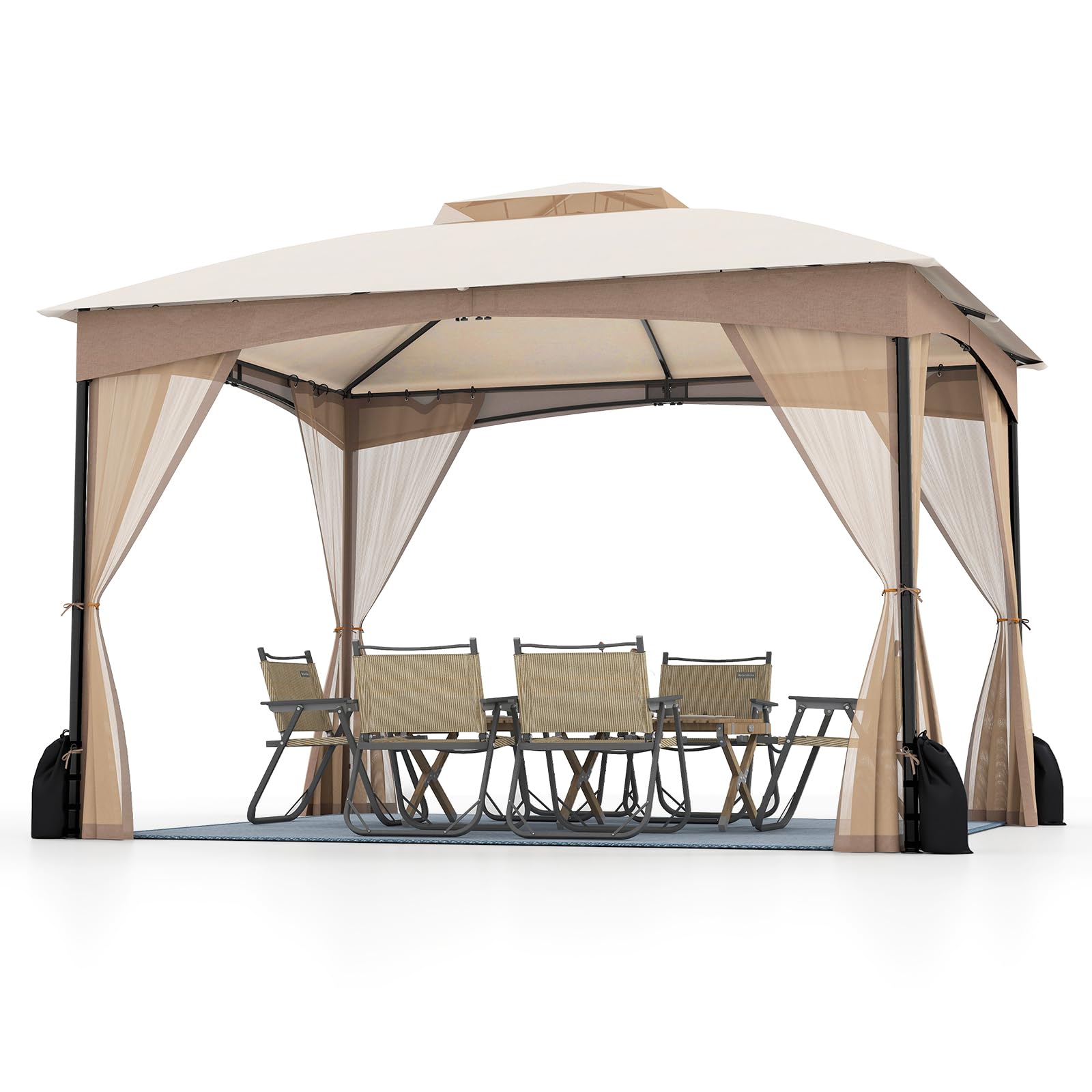 COSTWAY Carpa Plegable 3,65x3m, Pop up, Pergola de Jardin con Paredes de Malla, Dosel de Techo Doble, Puertas con Cremallera, Estructura de Metal, Cenador Pabellón Jardin Exterior (Caqui)