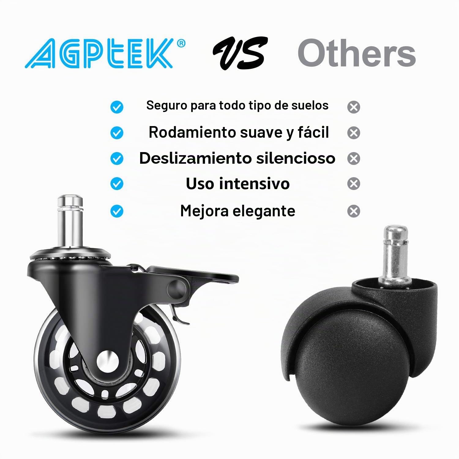 AGPTEK Juego de 5 Ruedas de Reemplazo para Silla de Oficina 11x22 mm (con Freno y Desarmador), Ruedas para Silla Resistentes Universales Pivotantes con Sistema de Freno Único