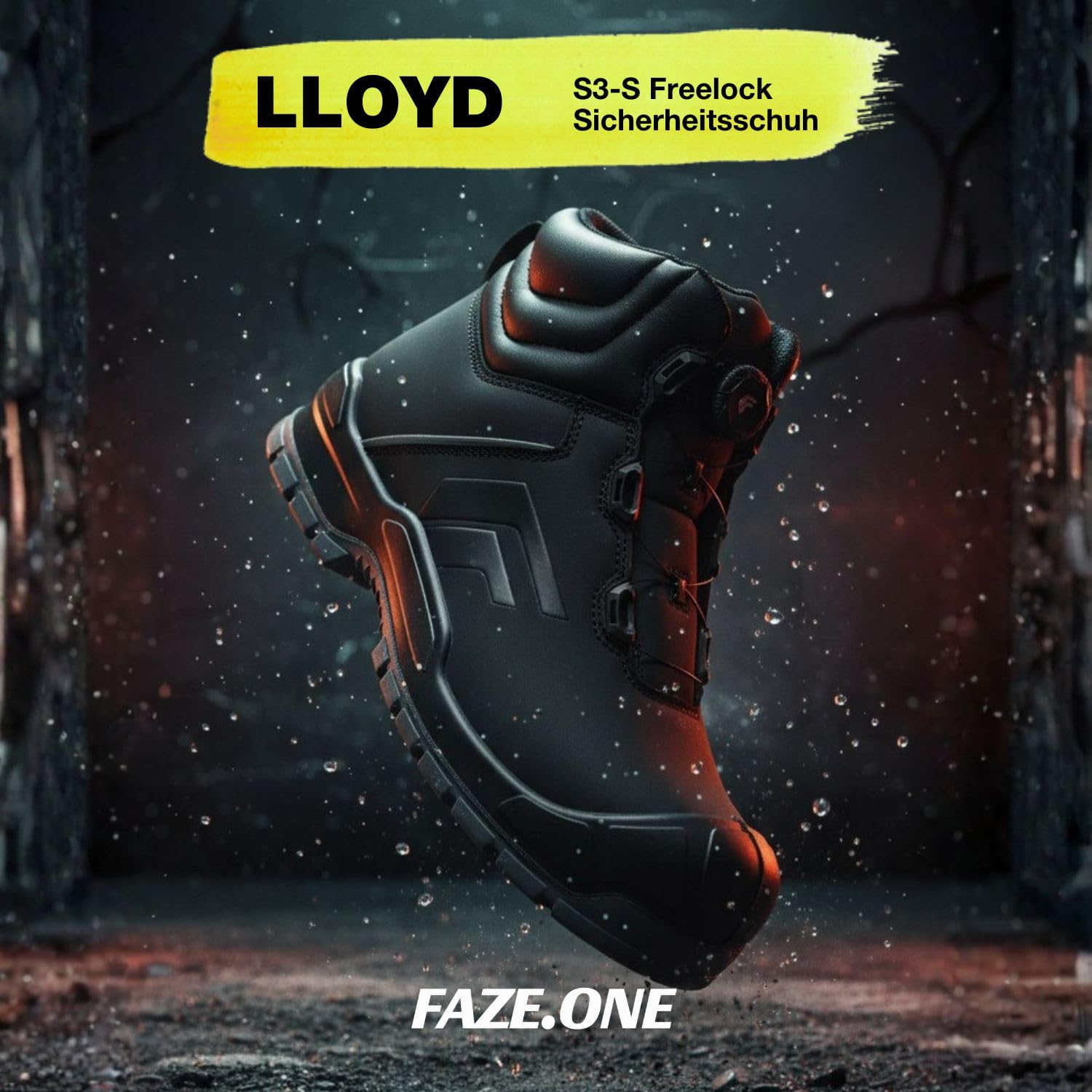 Faze.One Lloyd 8K Rugged Pro S3S Sicherheitsschuhe Herren | High-Top Arbeitsstiefel mit Composite-Zehenschutz | Freelock Schnellverschluss | Metallfreier Durchtrittschutz | PU/Microfaser | Schwarz