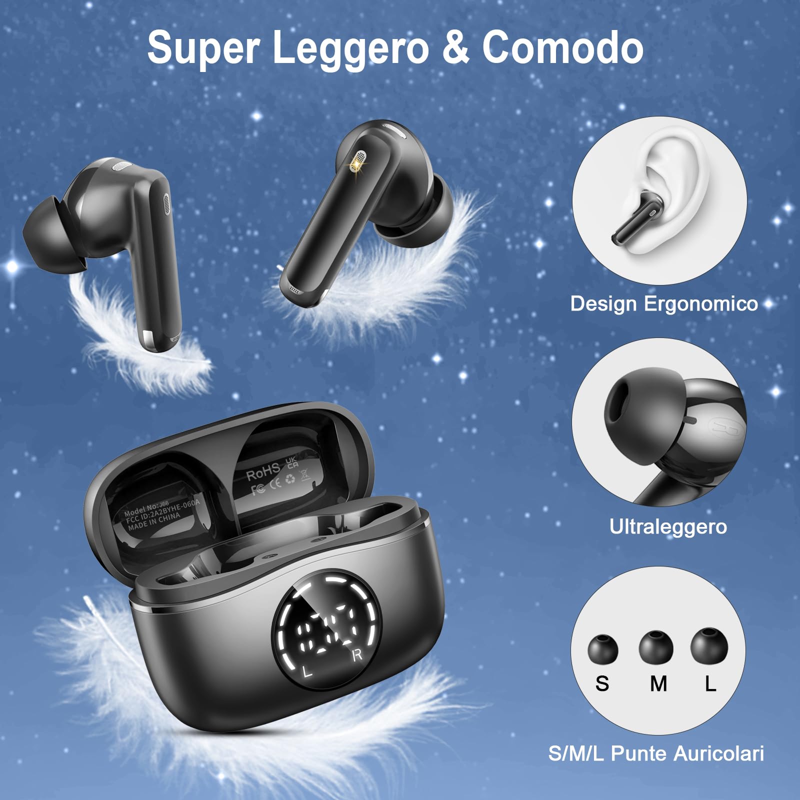 Cuffie Bluetooth, Auricolari Bluetooth 5.4 Stereo HiFi, 48 Ore Cuffie Wireless in Ear con 4 Microfono Cancellazione Rumore, Cuffiette Wireless IP7 Impermeabile, Cuffie Senza Fili per iPhone Android