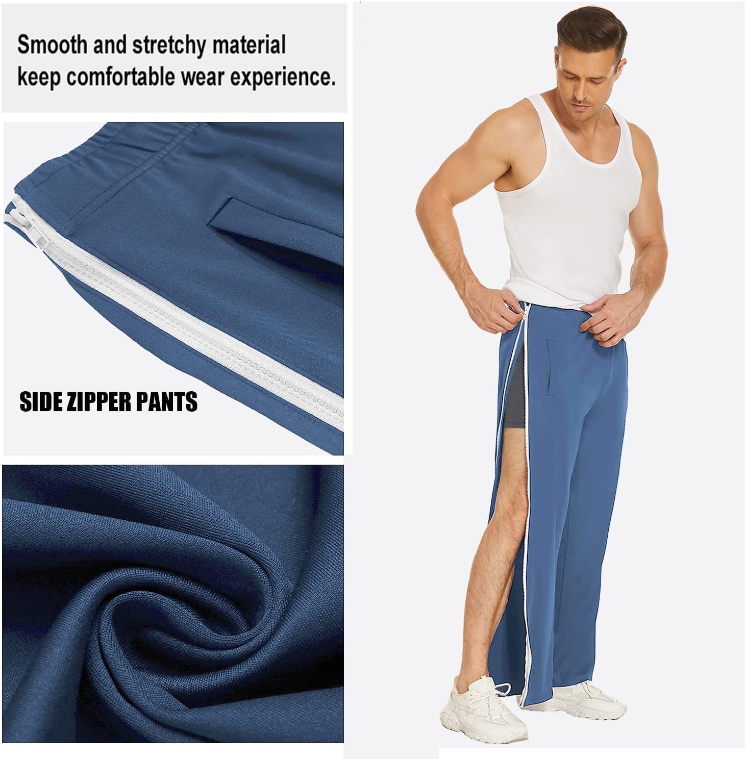 Deyeek Mens Tear Away Basketball Pants 2 Side Zippers Snap Off Full Open Down Sweatpants Leg Post Surgery Pant with Pockets - Image 5
