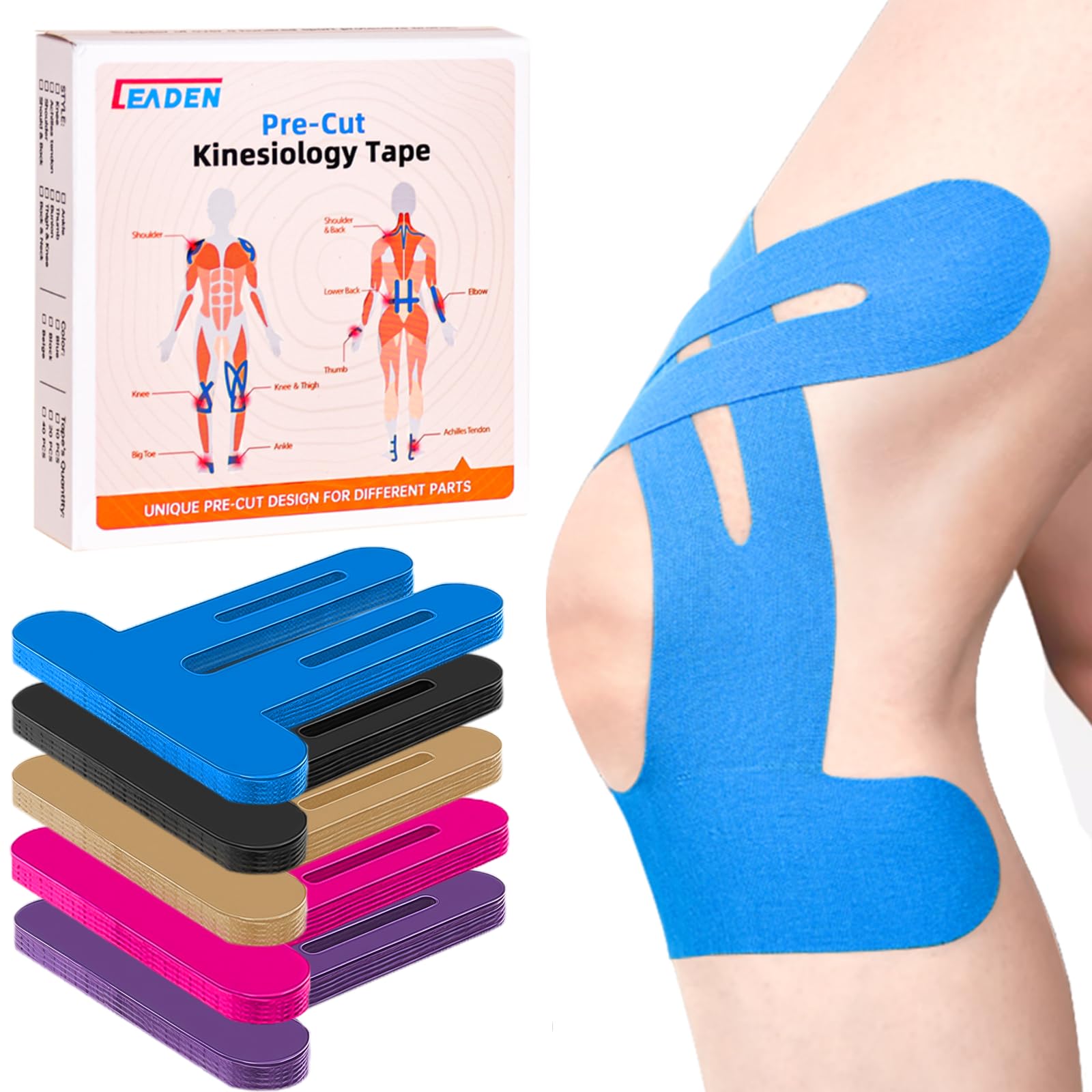 IEADEN Precut Kinesiology Tape for Knees, 20 Pcs - Knee Support & Stability, Knee Pain Relief Athletic Tape - Waterproof & Elastic, Breathable Hypoallergenic Latex-Free Tape, Blue