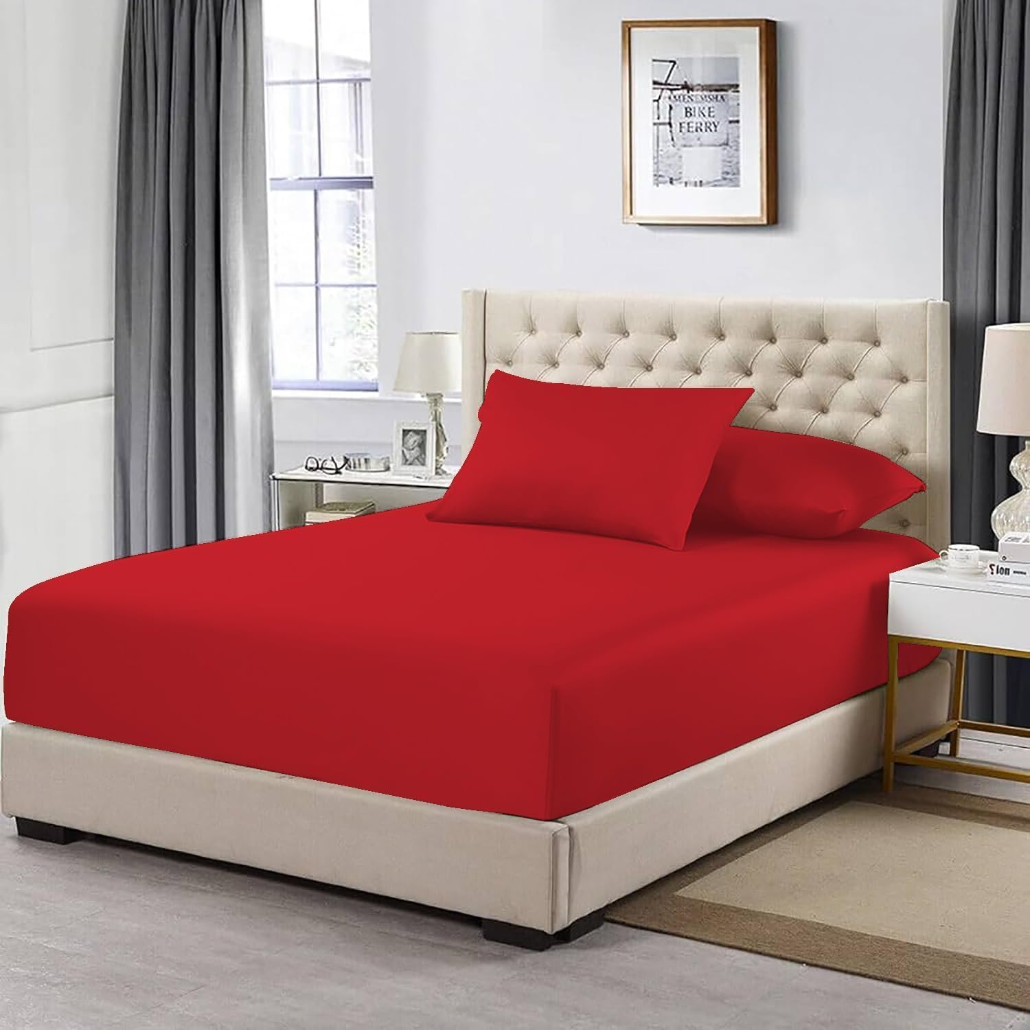 Bella Nights 200 Thread Count 100% Egyptian Cotton Extra Deep 40CM Fitted Sheet – Soft & Breathable, Fits Thick Mattresses – Durable & Luxurious Cotton Sheet (Red, King) — image 1