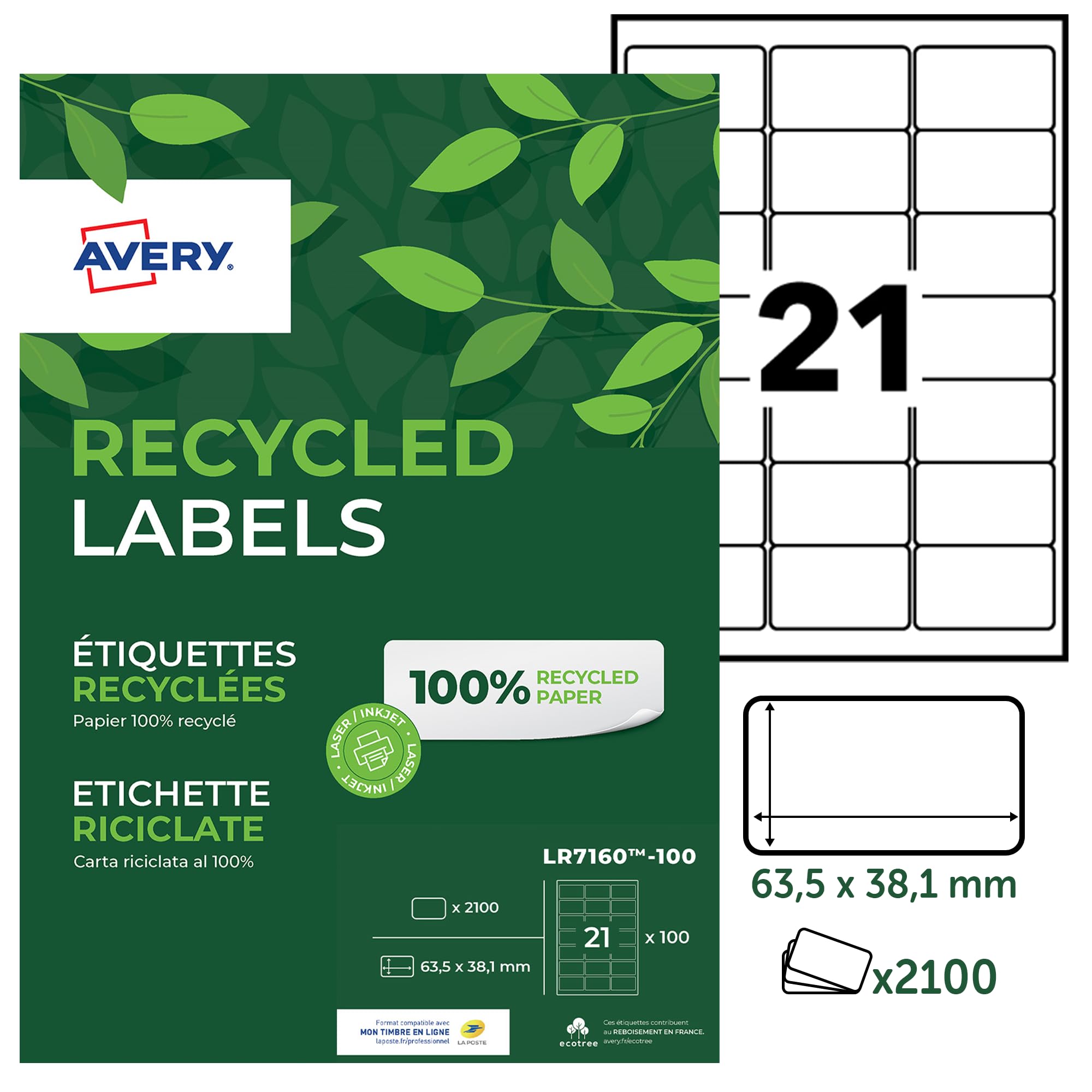 Avery Italia Etichette in carta riciclata bianca per buste e pacchi 63,5x38,1mm - Laser - 100 ff