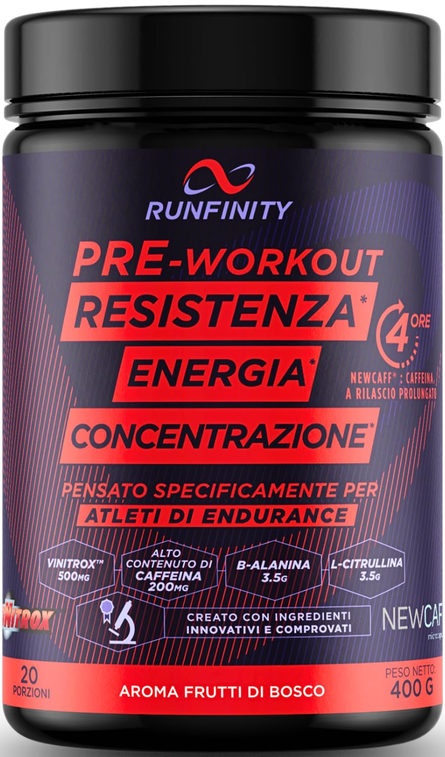 Pre Workout Runfinity – Booster di Energia a Lunga Durata: 4 Ore di Efficacia – Prestazioni Massime – Resistenza, Potenza & Concentrazione – Formula Premium con Ingredienti Brevettati