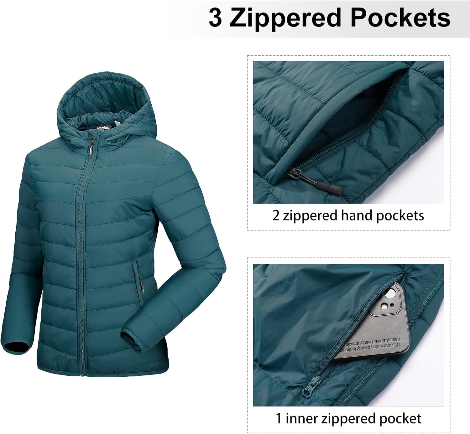 Outdoor Ventures Women's Packable Lightweight Full-Zip Puffer Jacket with Hood Quilted Winter Coat - Image 3