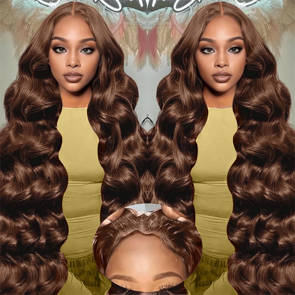 28 Inch Chocolate Brown Human Hair Wig 9x6 Brown Wig Human Hair Pre Plucked Pre Cut 220 Density Wear and Go Glueless Wigs Brown Lace Front Body Wave Wigs for Women