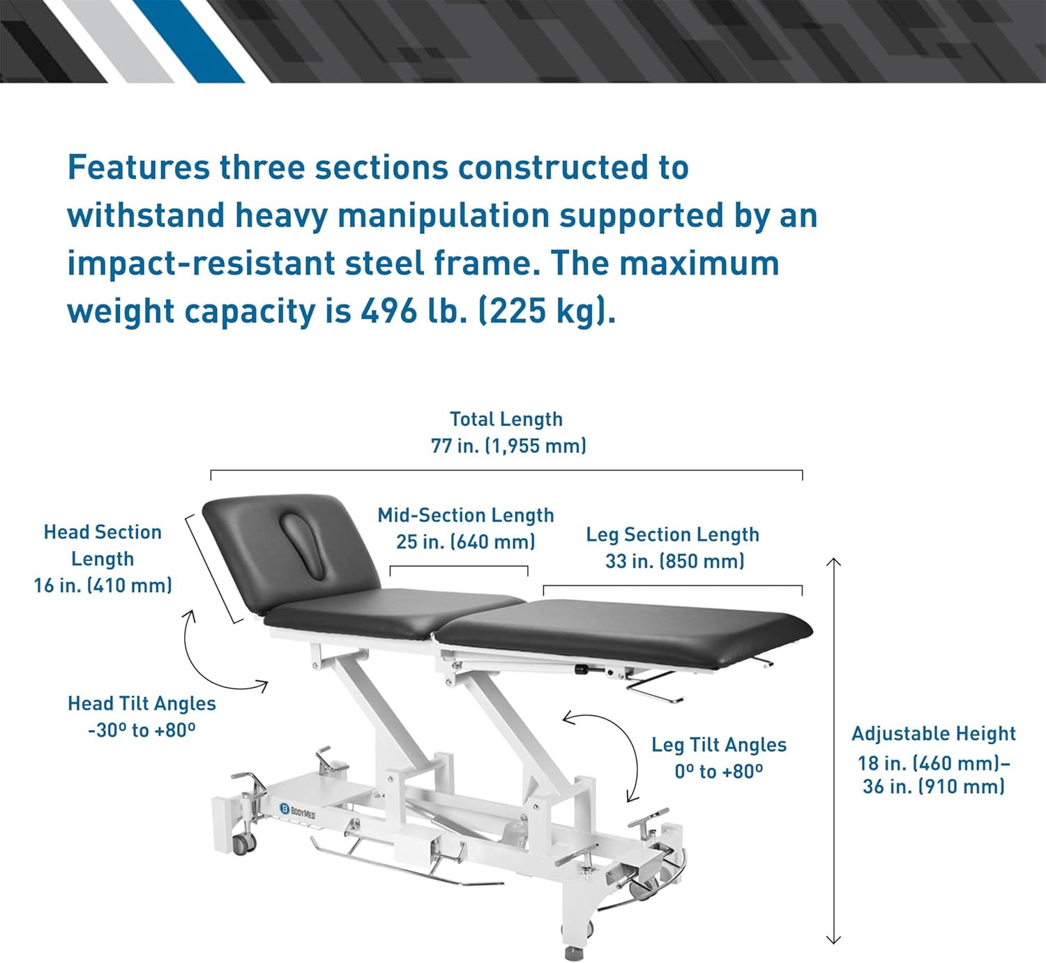 BodyMed 3 Section Hi-Lo Treatment Table, Black, 77 in. x 27 in. x 18–36 in. – Durable, Adjustable Physical Therapy Table – ADA Compliant – Bar Activated Elevation – Foam Padding & Vinyl Upholstery