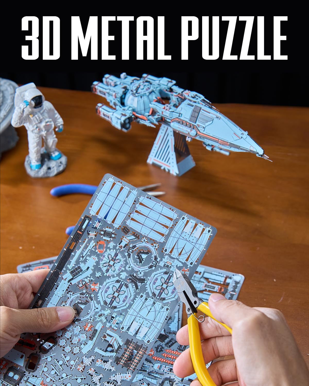 Piececool 3D Metal Puzzles for Adult, Three-Body Blue Space Starship Metal Model Kit, DIY Spaceship Building Kit Crafts for Adults to Build Home Decoration Best Gifts