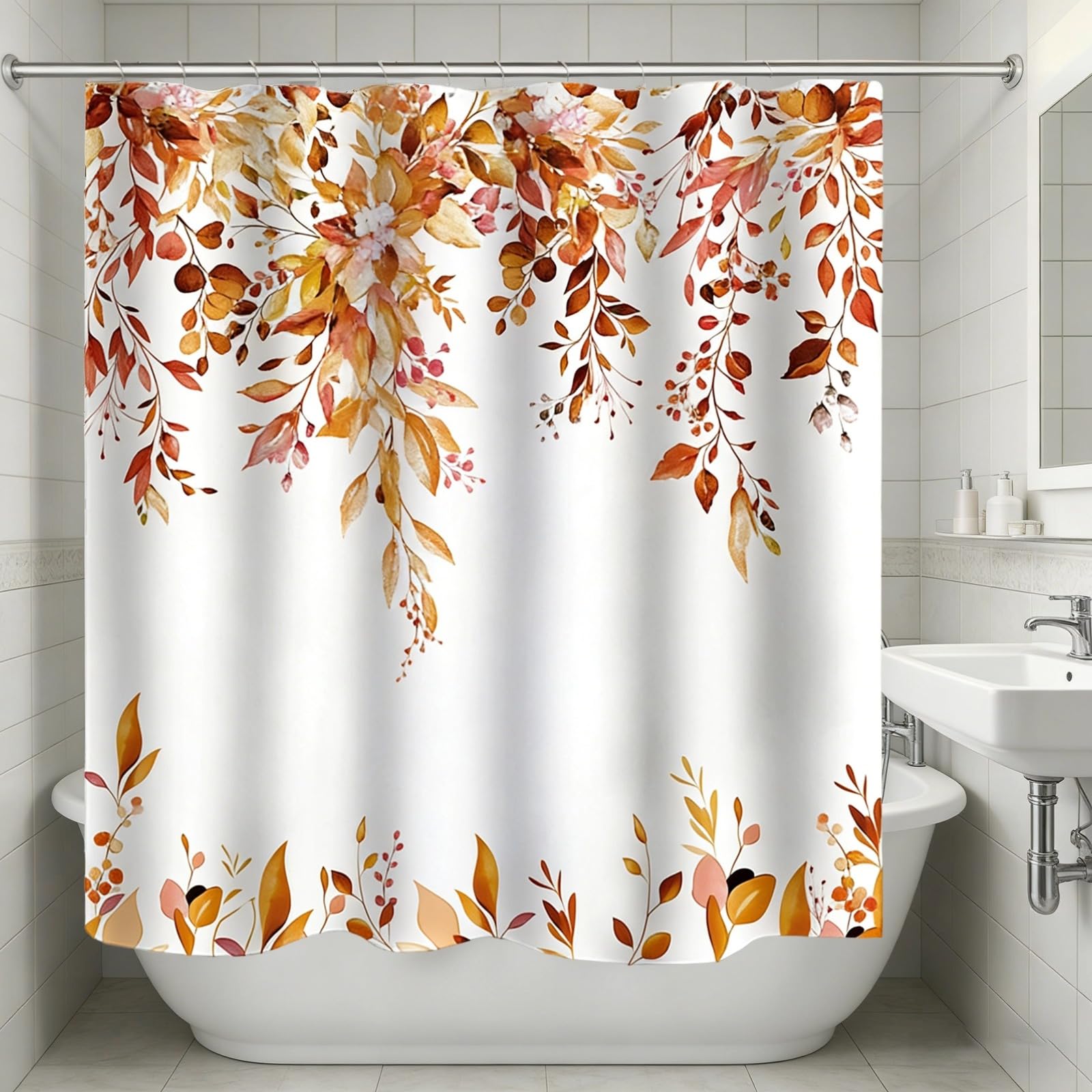 Rideau de Douche Feuilles d'automne, 180 x 200 cm, Motif Abstrait Aquarelle Plante Fleur Feuille, déco de Salle de Bain, Tissu, Art automnal, Rideau de Bain pour Maison et Salle de Bain