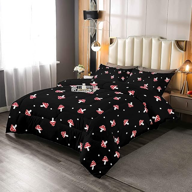 Mushroom 4-Seasons Duvet Single Girls Sweet Mushrooms Decor Down Comforter Reversible Sweet Cartoon Botanical Plants Comforter Children Teens Black Quilted Bed (1 Duvet + 1 Pillowcase)
