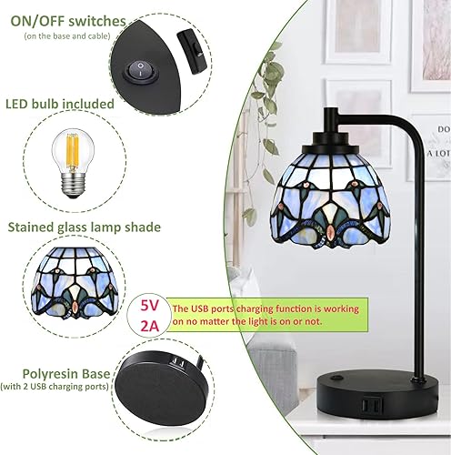 Miniatura 4 de TL0016 Tiffany - Lámpara de mesa con 2 puertos de carga USB, lámpara de escritorio con pantalla de vidrio manchado barroco azul, mesita de noche