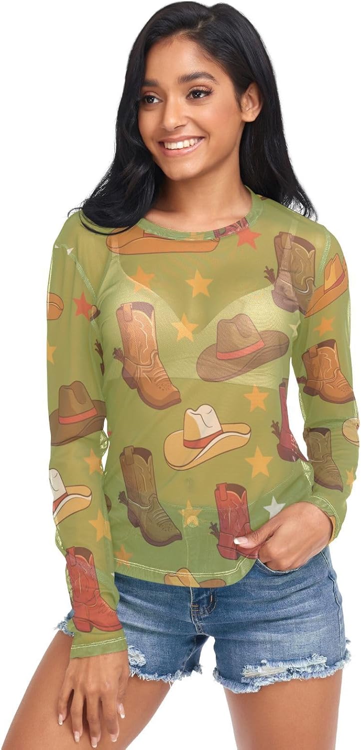 Christmas Holly Leaves Green Women's See Through Mesh Top Shirt With O Neck